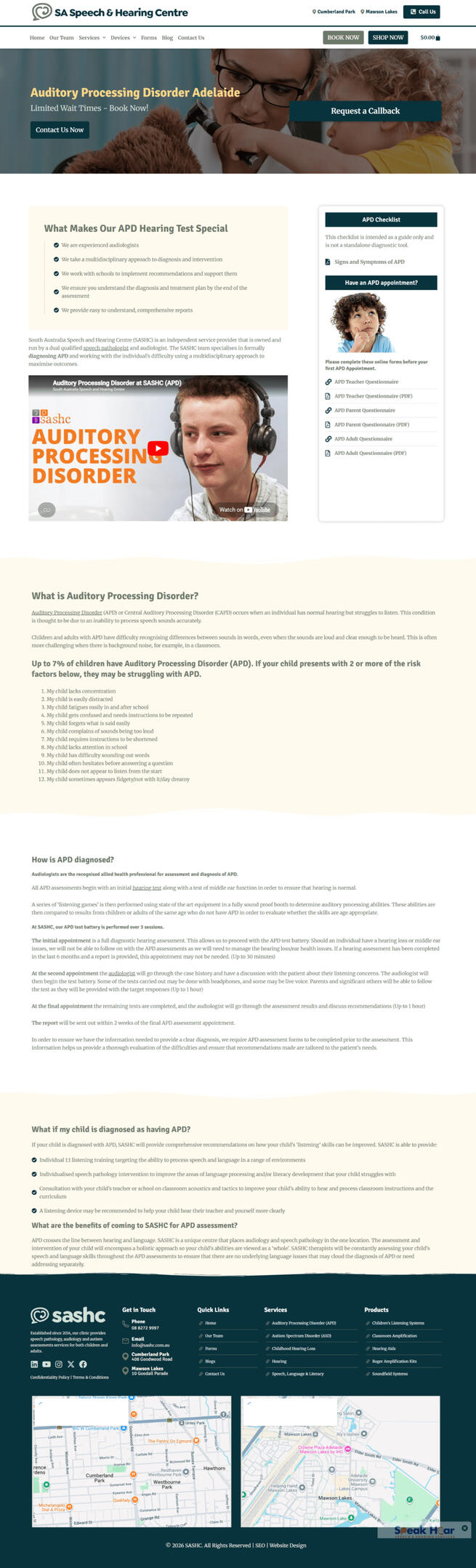 SASHC Adelaide | Auditory Processing Disorder & APD Specialists SASHC full site screenshot for auditory processing disorder assessments and child auditory processing services in Adelaide.